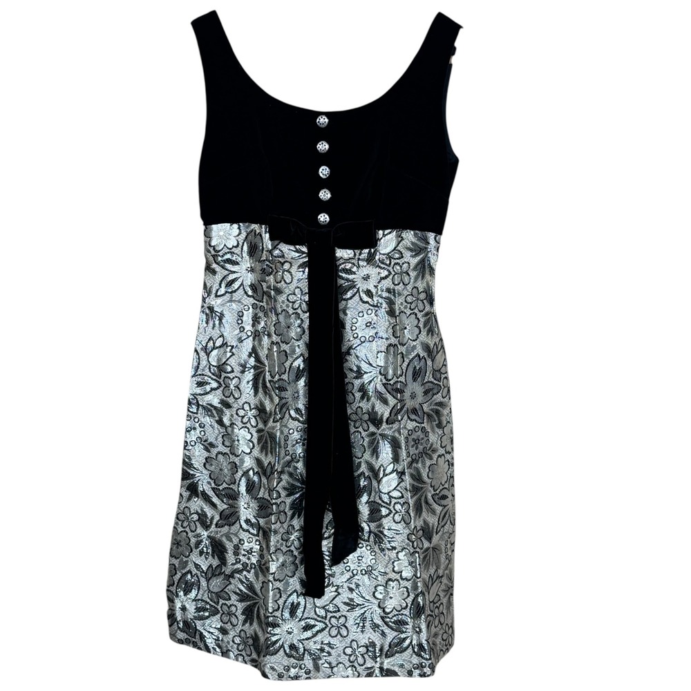 Vintage 40's Cocktail Dress‎ Women XS Black Silver Velvet Brocade Empire Waist